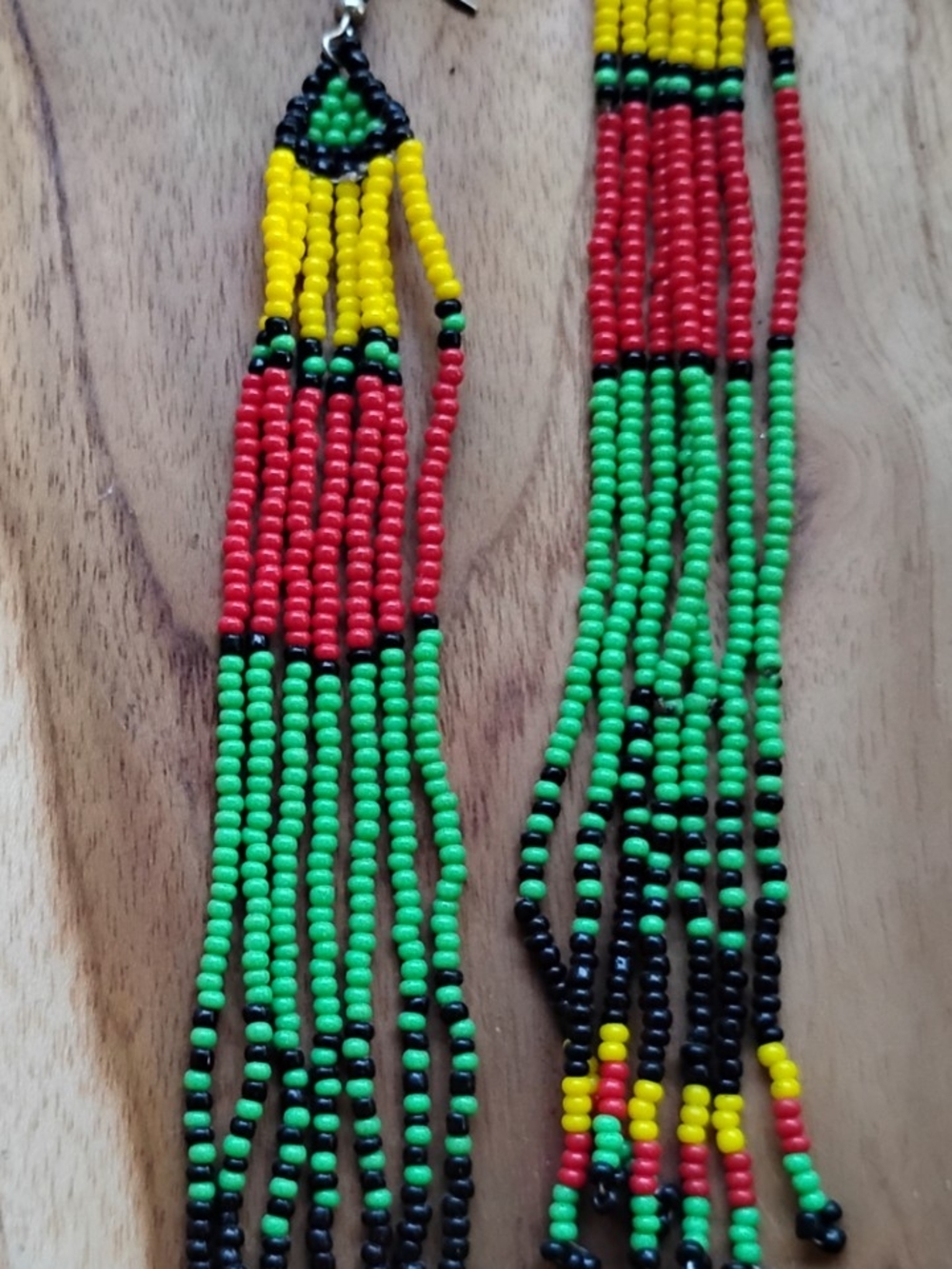 Handmade Beaded Fringe Earrings in Red, ♥️ Green 💚 & Yellow 💛